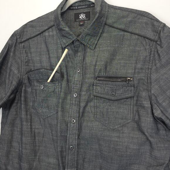Rock & Republic Camp Button Down Shirt Flap Zip Pockets Short Sleeve Men XL Gray - Picture 9 of 9